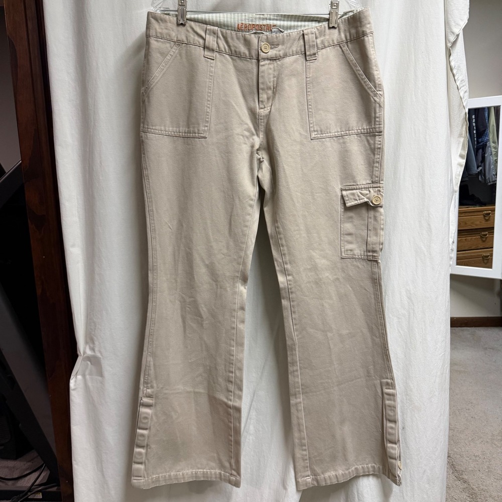 Aeropostale Khaki Cargo Pants Women 11/12 Long Tan Flare Leg Button Hem Y2K